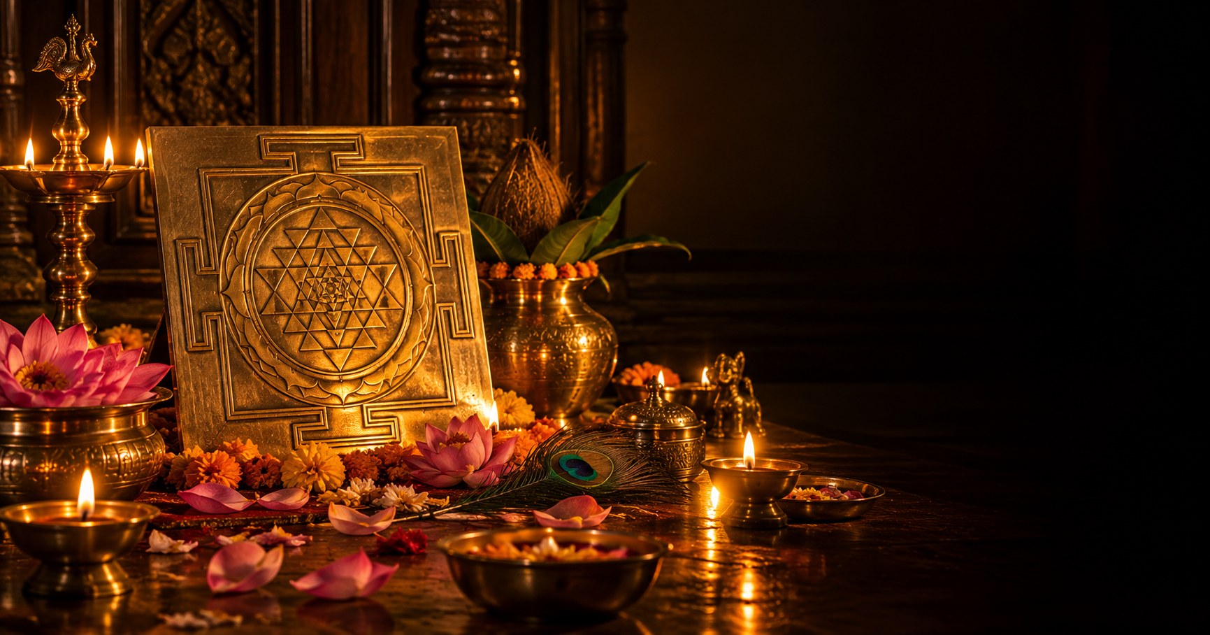 A brass Sri Yantra plaque on an altar with lit diyas, pink lotus flowers, a peacock feather and marigolds