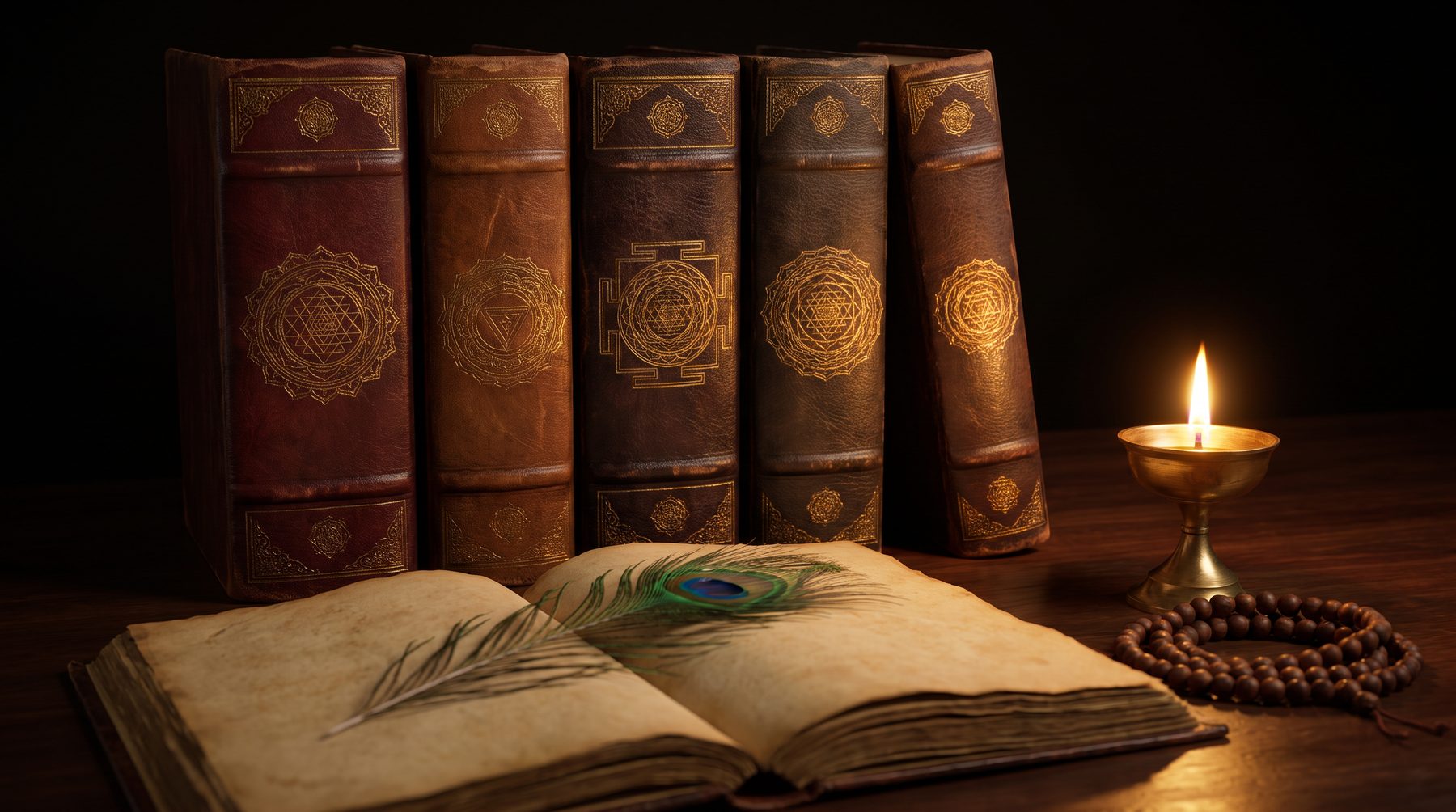 Antique leather-bound volumes with gold yantra medallions beside an open manuscript, a peacock feather and a lit brass lamp