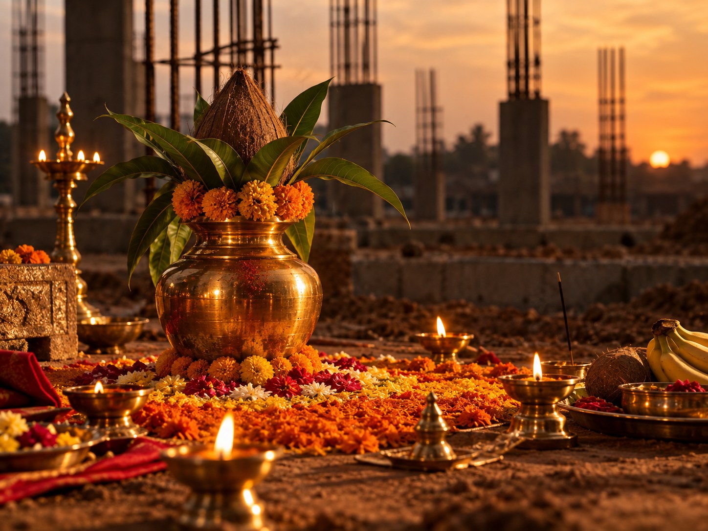 Marigold petals in a brass uruli, set out for a foundation rite